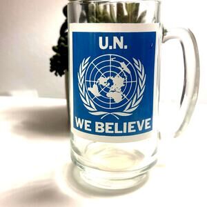 Vintage 1970 United Nations UN We Believe Glass Beer Mug Blue Logo Stein Barware